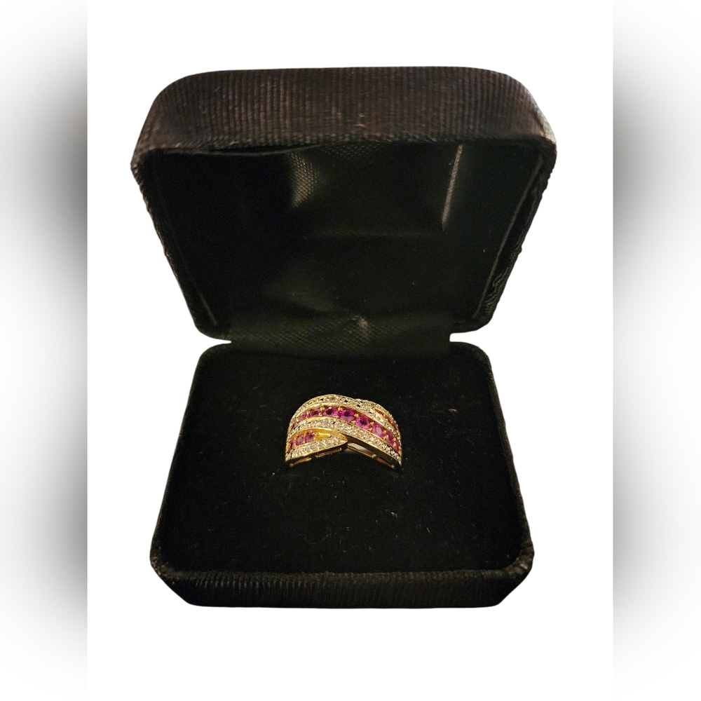 14k Yellow Gold Ruby Diamond Wide Crossover Style Band Ring NWOT Size 6.25-6.5